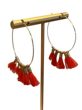 Vintage Gold Hoop Earrings with Red Tassels - Women Jewelry